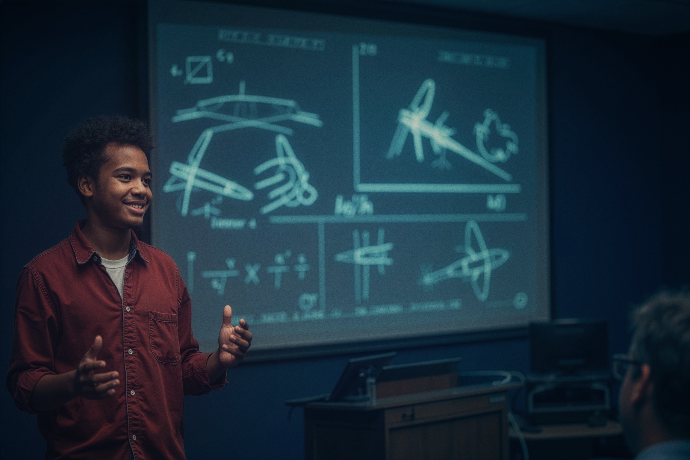 A young man presenting rocket diagrams in a lecture hall