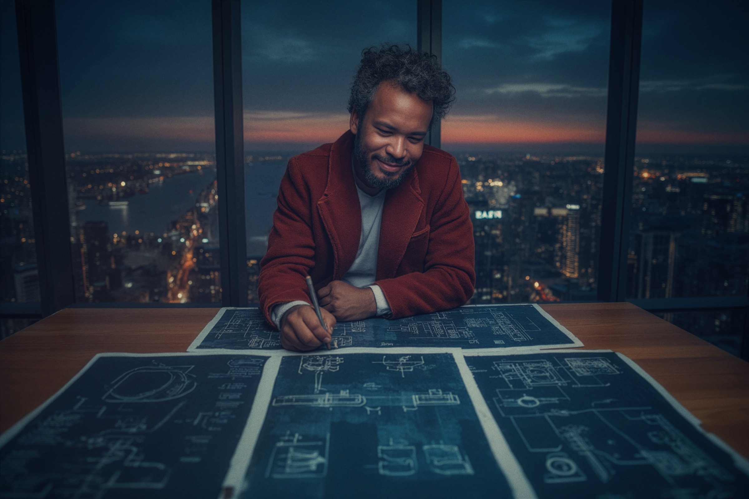 An adult over blueprints