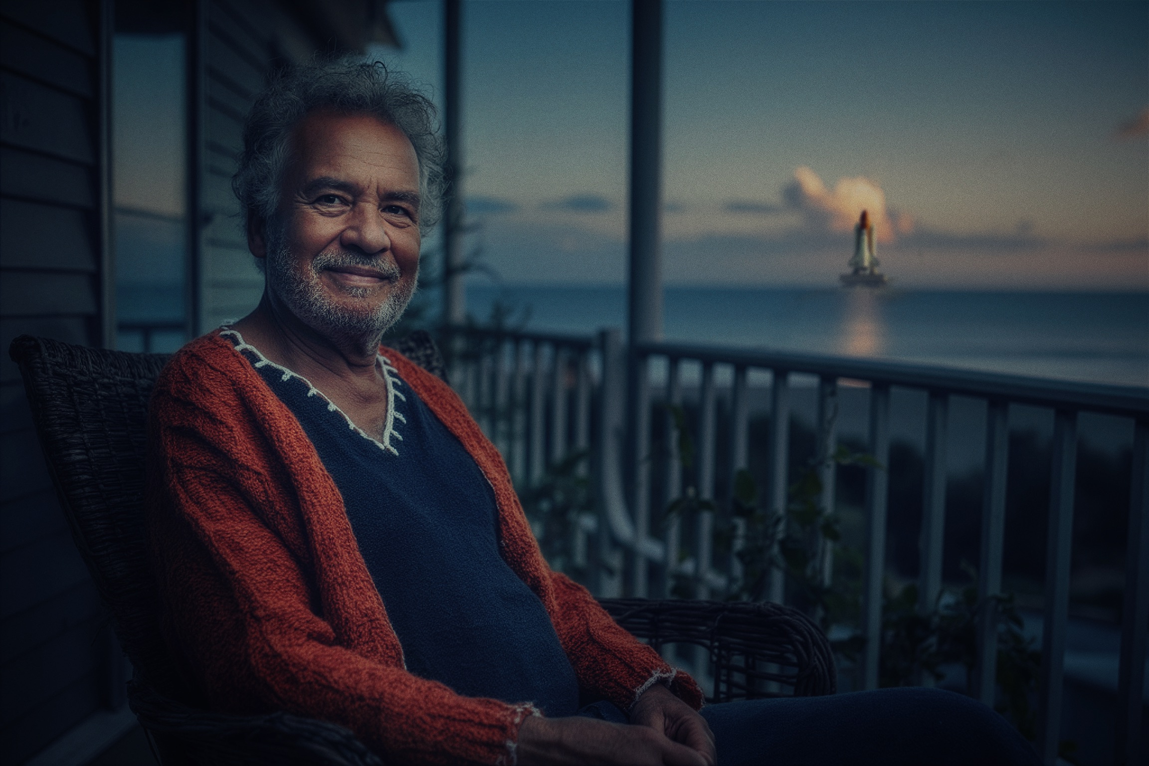 An old man on a porch watching a launch over the water