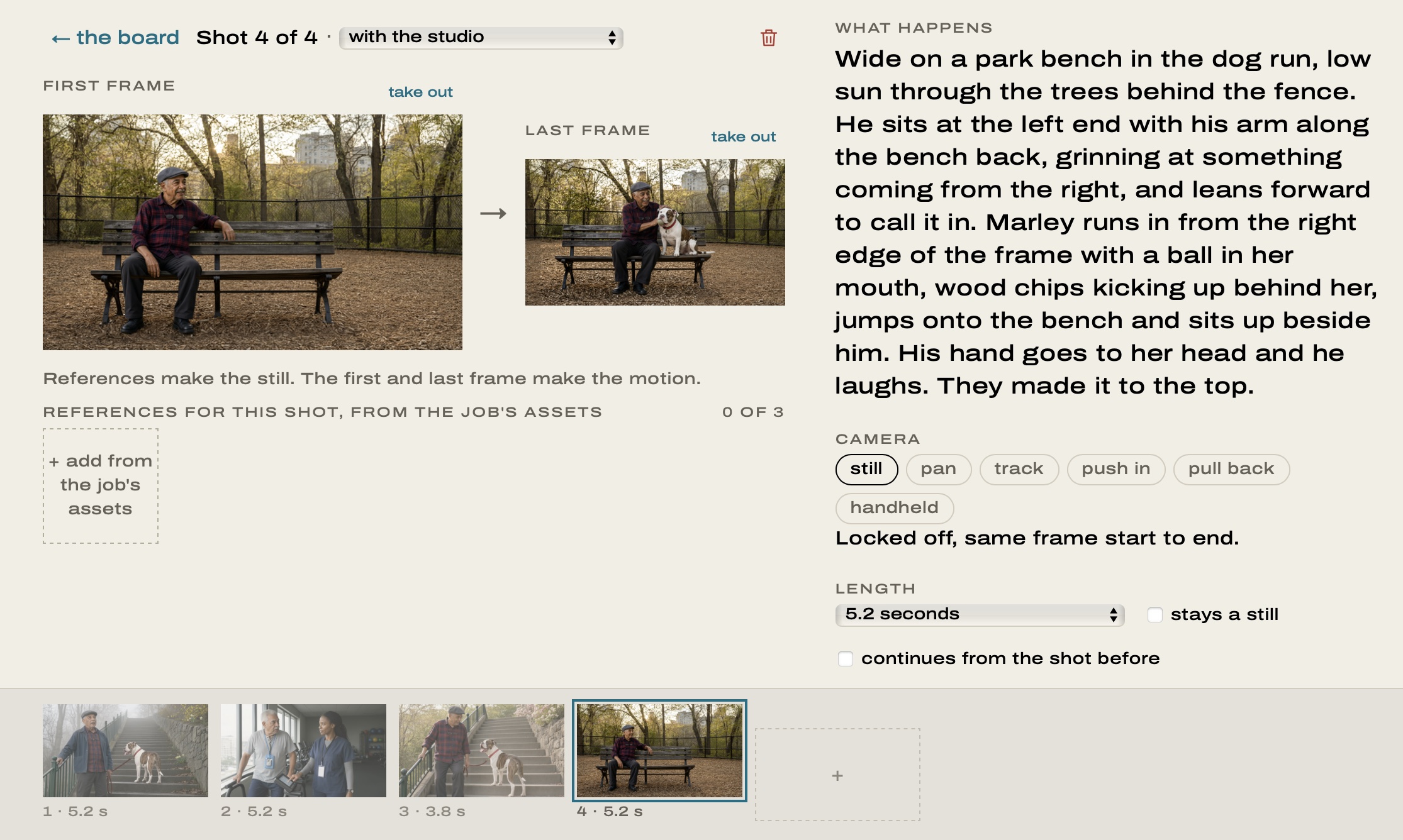FLO: shot 4 of the storyboard, with its first and last frame