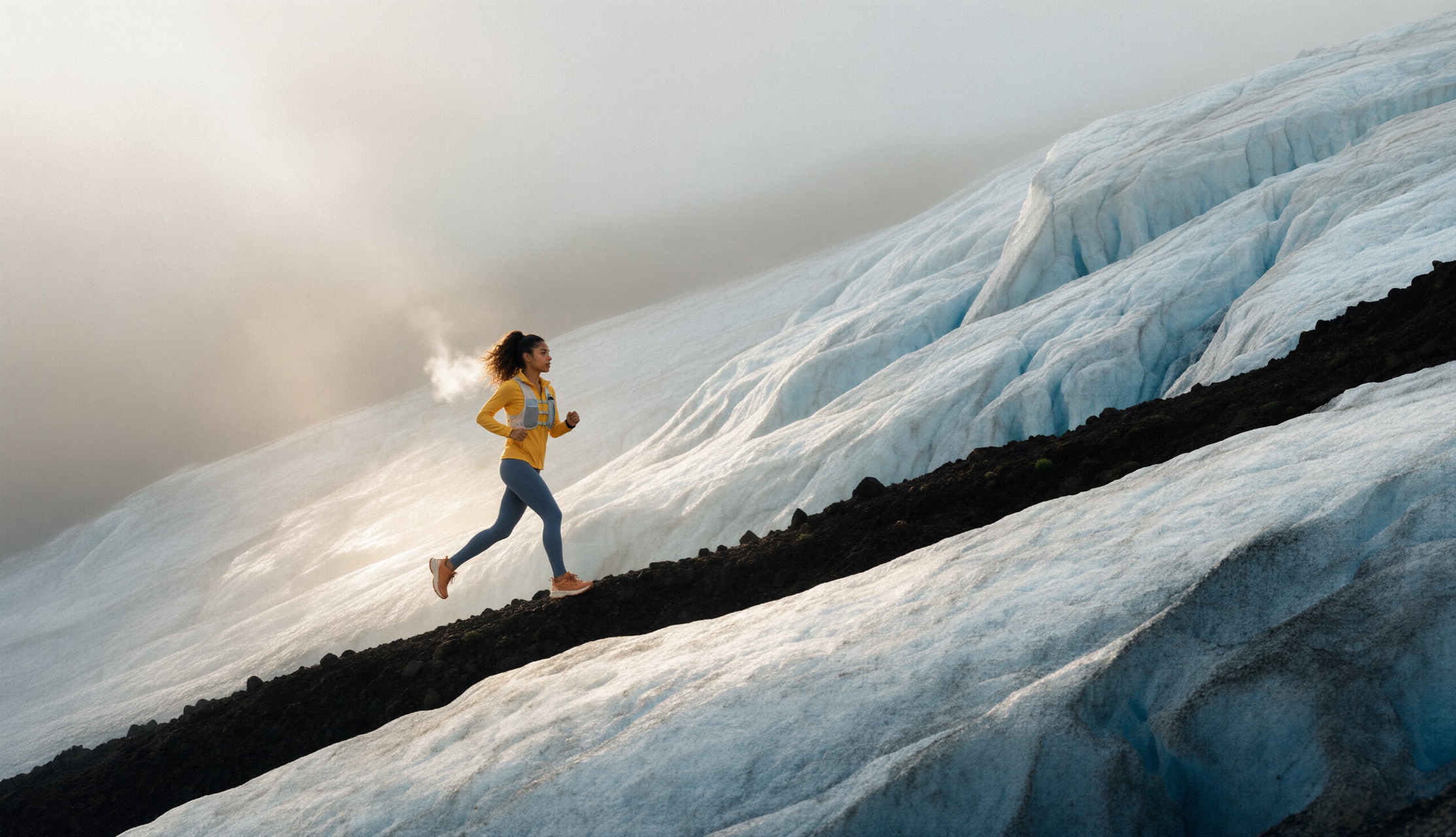 Margo runs the moraine beside the glacier, a frame from Her Personal Marathon